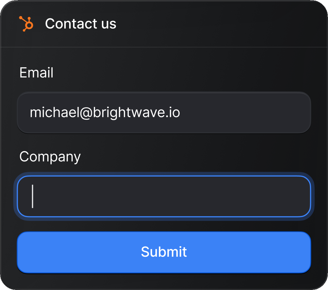 HubSpot contact form with the email filled in and the company field in focus