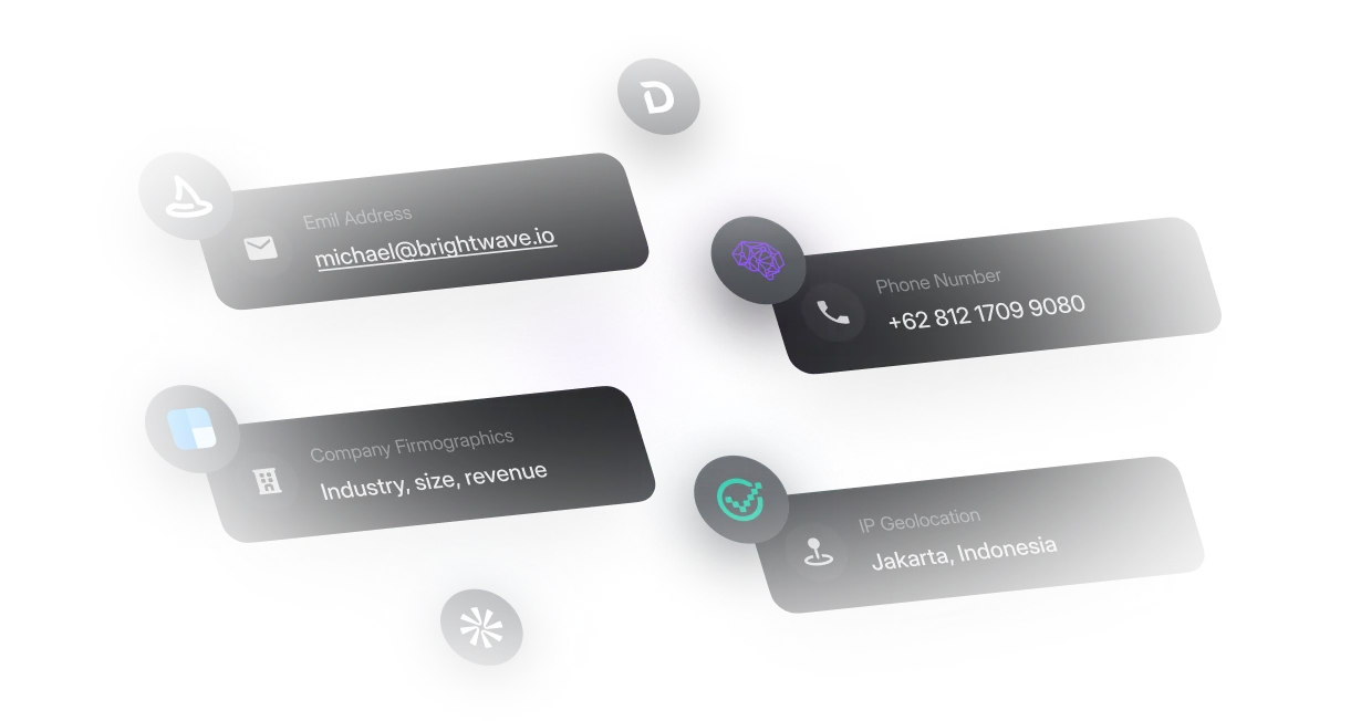 Collage of enriched contact data chips including email, phone, and firmographics