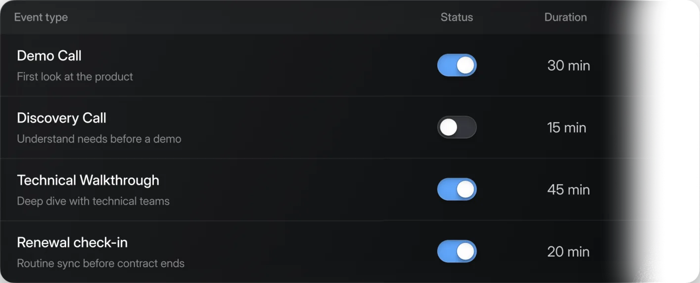 Table of meeting types with status toggles and durations