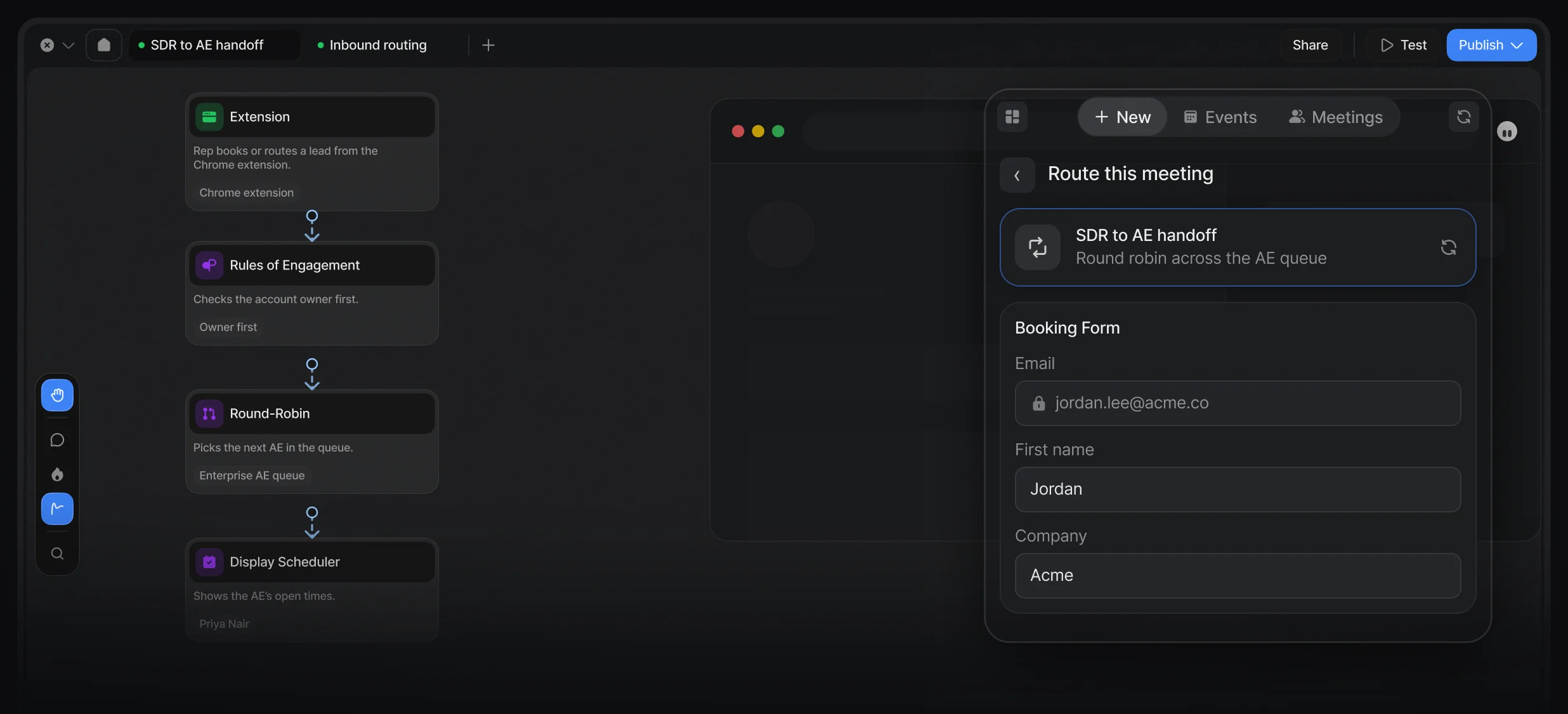 Workflow canvas with an Extension trigger beside a browser running the Default Chrome extension side panel