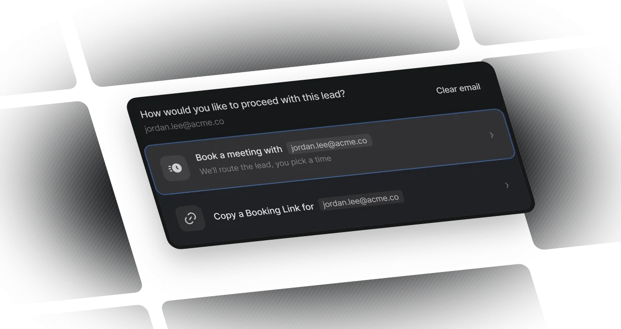 Extension side panel with Book a meeting and Copy a Booking Link options for a lead